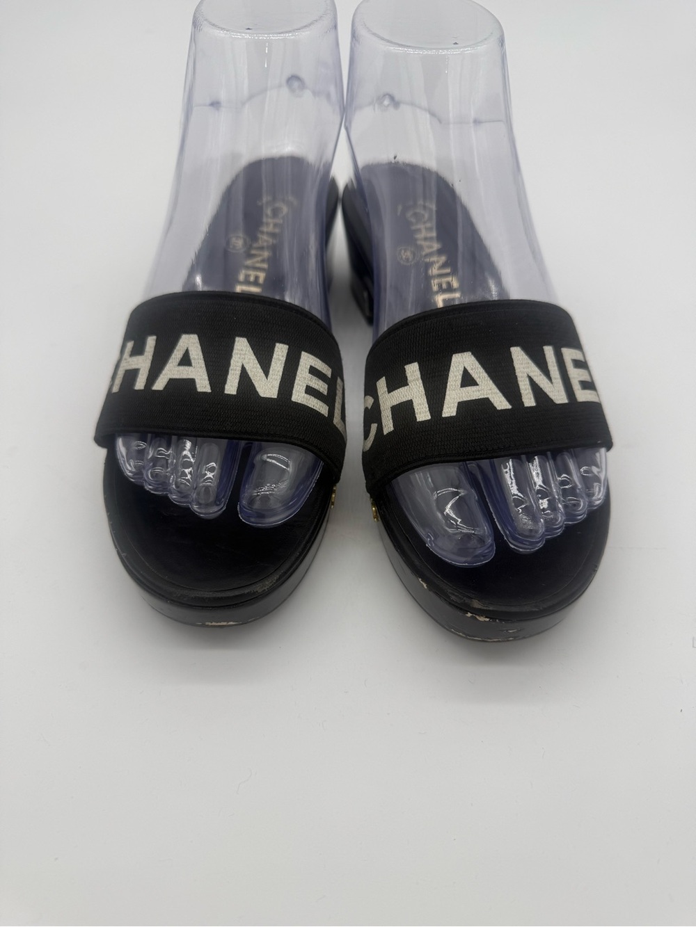 CHANEL Logo Band Platform Mules Clogs 37